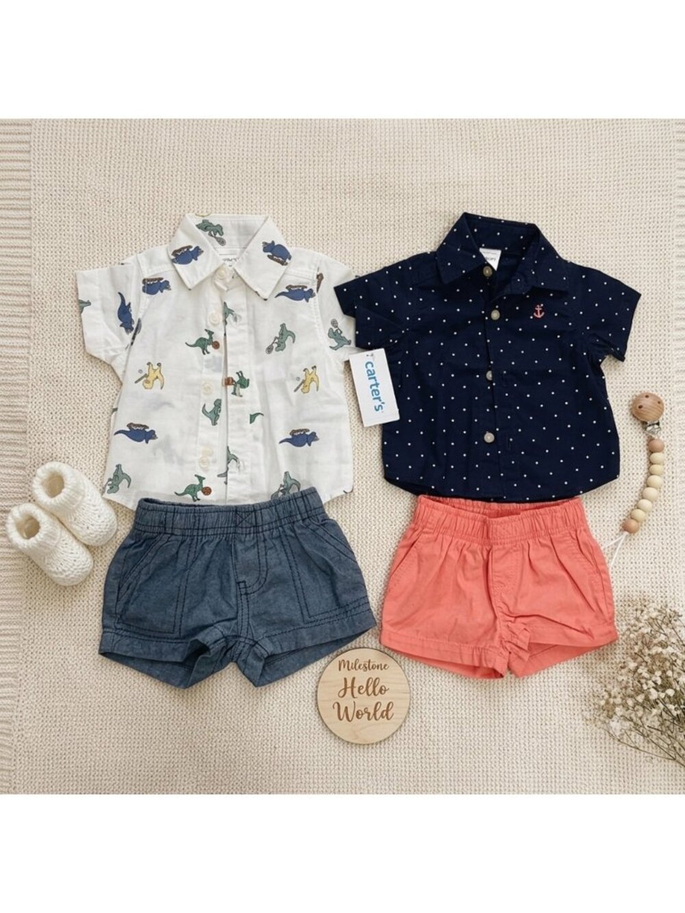 Carters Newborn Boys 4-Piece Outfits With Dinosaur & Polka Dot Shirts Plus Denim